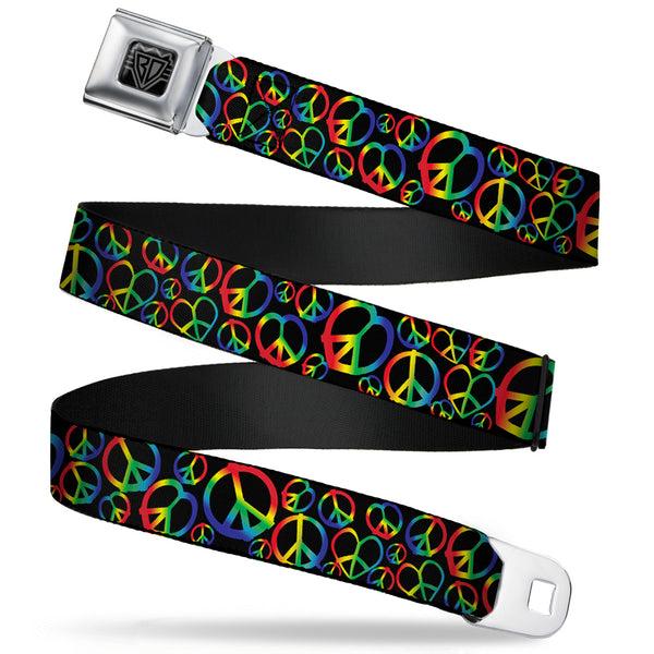 buckle down BD Wings Logo CLOSE-UP Full Color Black Silver Seatbelt Belt - Peace Heart Black/Rainbow Ombre Webbing