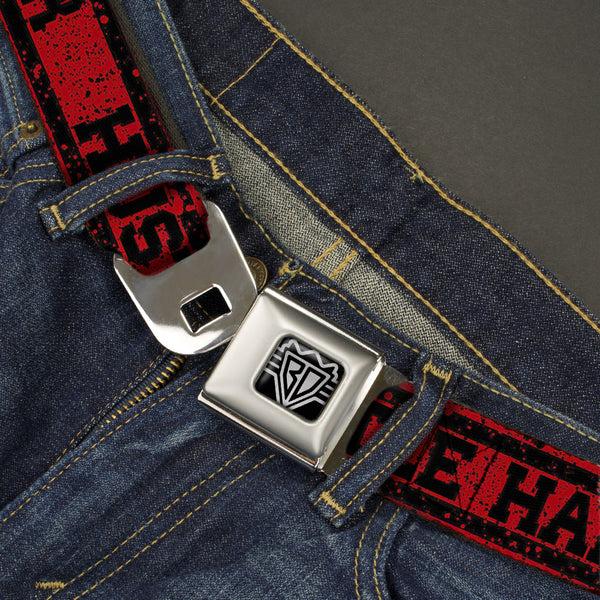 Buckle Down BD Wings Logo CLOSE-UP Full Color Black Silver Seatbelt Belt - HUSTLE HARDER/Stripes Weathered Red/Black Webbing