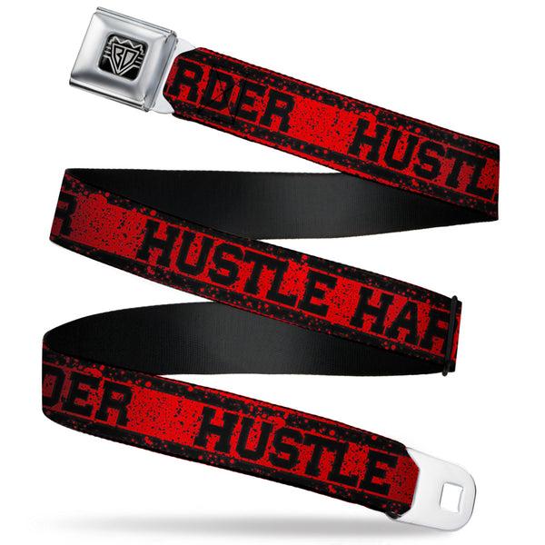 buckle down BD Wings Logo CLOSE-UP Full Color Black Silver Seatbelt Belt - HUSTLE HARDER/Stripes Weathered Red/Black Webbing
