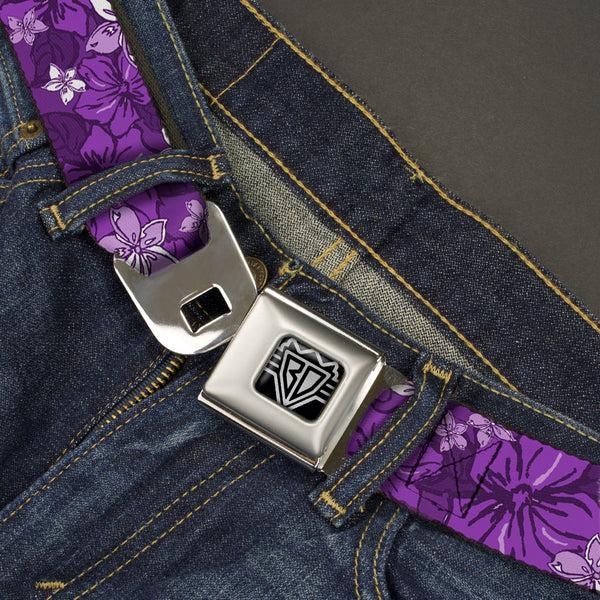 Buckle Down BD Wings Logo CLOSE-UP Full Color Black Silver Seatbelt Belt - Hibiscus Collage Purple Shades Webbing