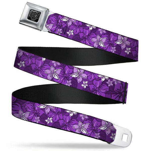buckle down BD Wings Logo CLOSE-UP Full Color Black Silver Seatbelt Belt - Hibiscus Collage Purple Shades Webbing