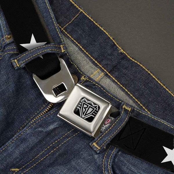 Buckle Down BD Wings Logo CLOSE-UP Full Color Black Silver Seatbelt Belt - Star Black/White Webbing
