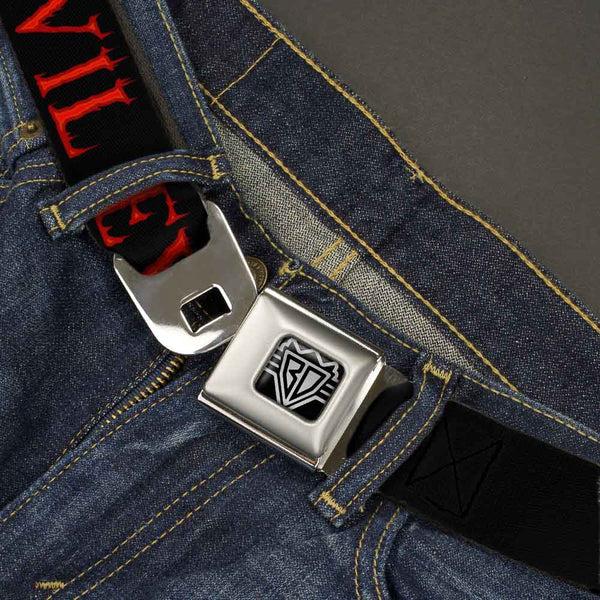 Buckle Down BD Wings Logo CLOSE-UP Full Color Black Silver Seatbelt Belt - Flaming EVIL Black/Red Webbing