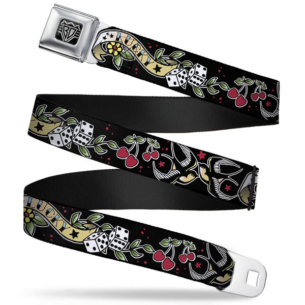 buckle down BD Wings Logo CLOSE-UP Full Color Black Silver Seatbelt Belt - Lucky Black Webbing