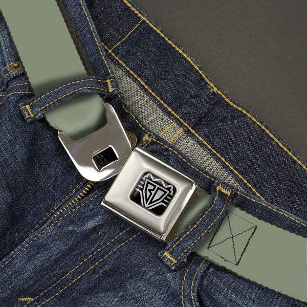 Buckle Down BD Wings Logo CLOSE-UP Full Color Black Silver Seatbelt Belt - Khaki Green Webbing