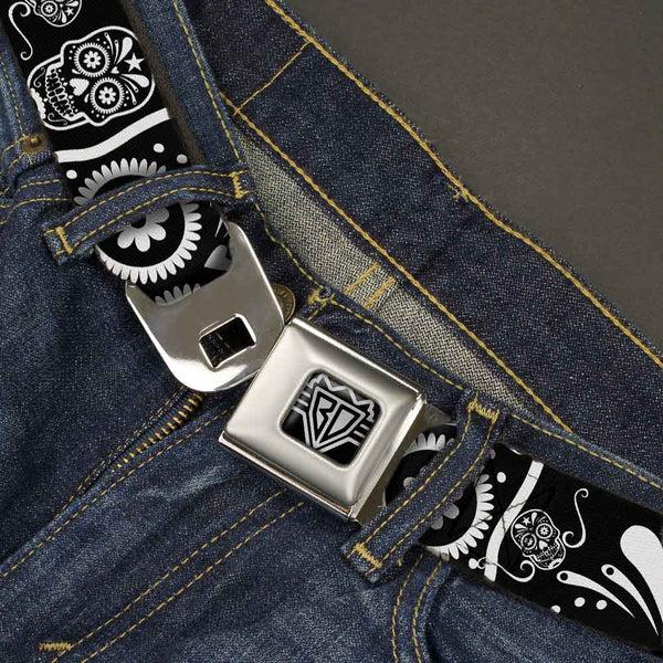 Buckle Down BD Wings Logo CLOSE-UP Full Color Black Silver Seatbelt Belt - Sugar Skulls Black/White Webbing