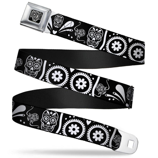 buckle down BD Wings Logo CLOSE-UP Full Color Black Silver Seatbelt Belt - Sugar Skulls Black/White Webbing
