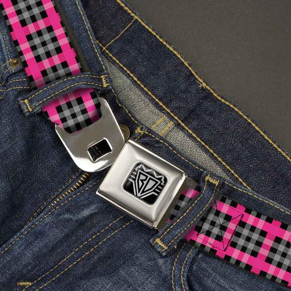 Buckle Down BD Wings Logo CLOSE-UP Full Color Black Silver Seatbelt Belt - Plaid Black/Gray/Fuchsia Webbing