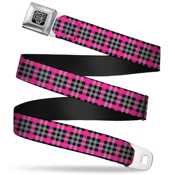 buckle down BD Wings Logo CLOSE-UP Full Color Black Silver Seatbelt Belt - Plaid Black/Gray/Fuchsia Webbing