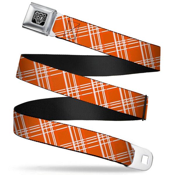 buckle down BD Wings Logo CLOSE-UP Full Color Black Silver Seatbelt Belt - Plaid X4 Oranges/White Webbing