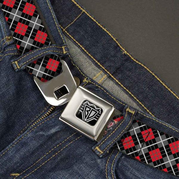 Buckle Down BD Wings Logo CLOSE-UP Full Color Black Silver Seatbelt Belt - Argyle Black/Gray/Red Webbing