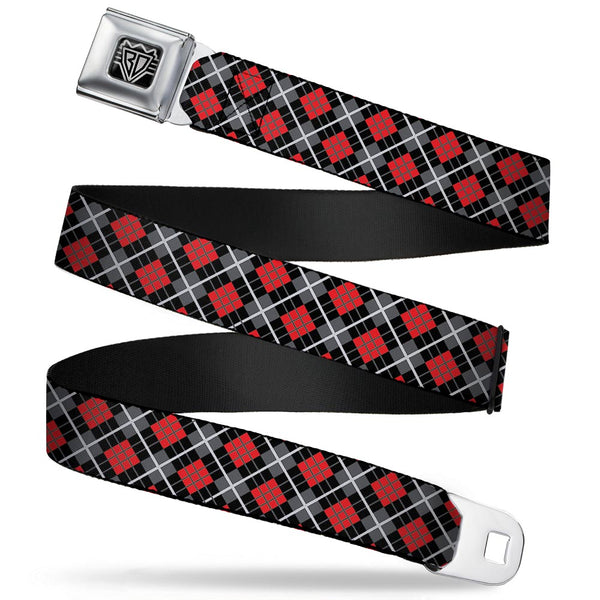 buckle down BD Wings Logo CLOSE-UP Full Color Black Silver Seatbelt Belt - Argyle Black/Gray/Red Webbing