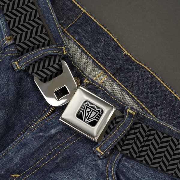 Buckle Down BD Wings Logo CLOSE-UP Full Color Black Silver Seatbelt Belt - Herringbone Black/Gray Webbing