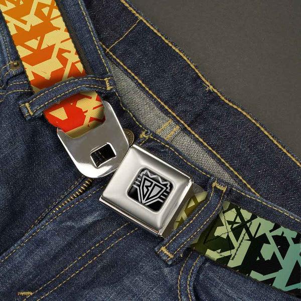 Buckle Down BD Wings Logo CLOSE-UP Full Color Black Silver Seatbelt Belt - Geometric Transition Blues/Reds/Orange/Yellows Webbing