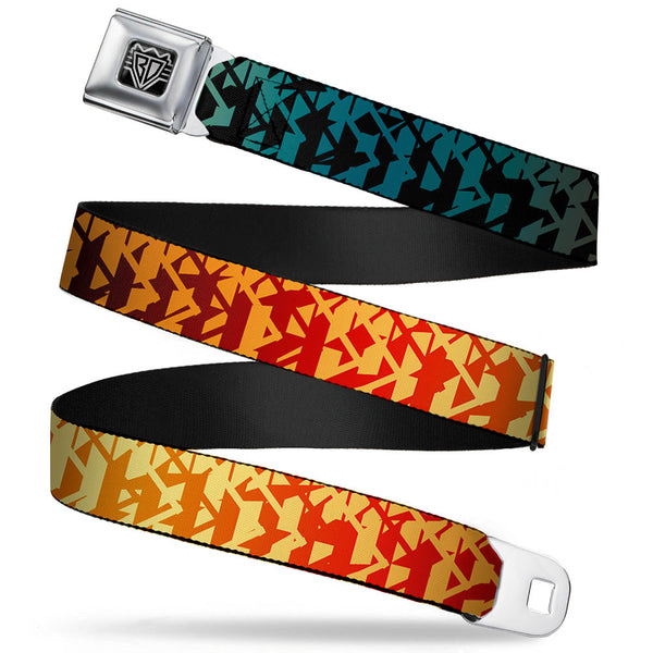buckle down BD Wings Logo CLOSE-UP Full Color Black Silver Seatbelt Belt - Geometric Transition Blues/Reds/Orange/Yellows Webbing