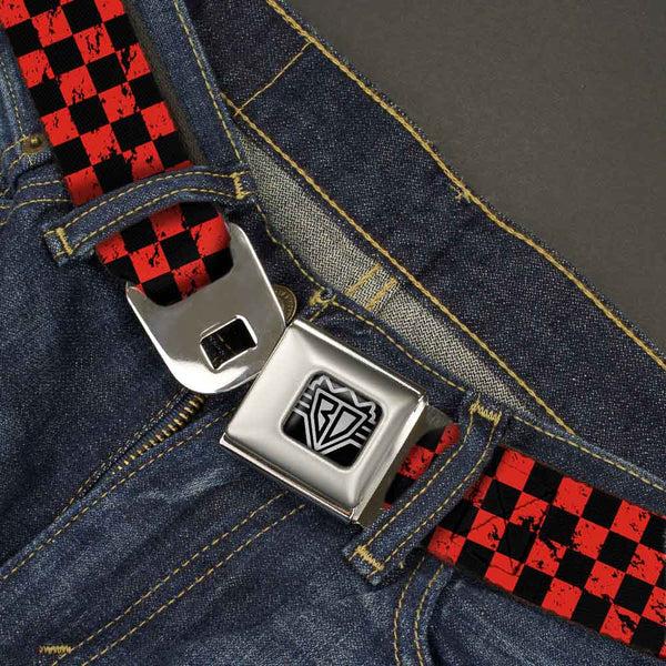 Buckle Down BD Wings Logo CLOSE-UP Full Color Black Silver Seatbelt Belt - Checker Weathered Black/Red Webbing