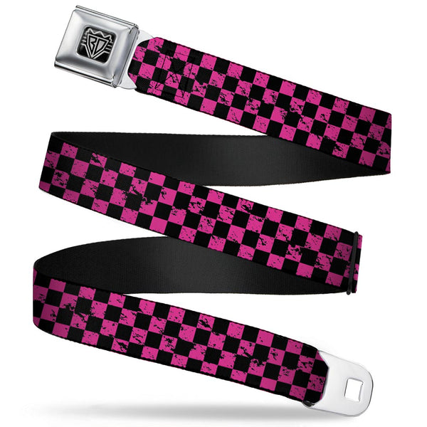 buckle down BD Wings Logo CLOSE-UP Full Color Black Silver Seatbelt Belt - Checker Weathered Black/Neon Pink Webbing