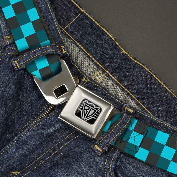 Buckle Down BD Wings Logo CLOSE-UP Full Color Black Silver Seatbelt Belt - Checker Trio Baby Blue/Black/Turquoise Webbing