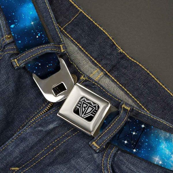 Buckle Down BD Wings Logo CLOSE-UP Full Color Black Silver Seatbelt Belt - Galaxy Blues/Blues Webbing