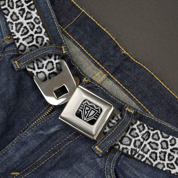 Buckle Down BD Wings Logo CLOSE-UP Full Color Black Silver Seatbelt Belt - Leopard White Webbing