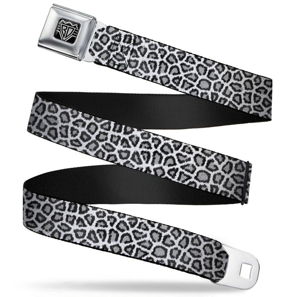 buckle down BD Wings Logo CLOSE-UP Full Color Black Silver Seatbelt Belt - Leopard White Webbing