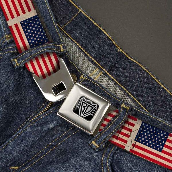 Buckle Down BD Wings Logo CLOSE-UP Full Color Black Silver Seatbelt Belt - American Flag Weathered Color Repeat Webbing