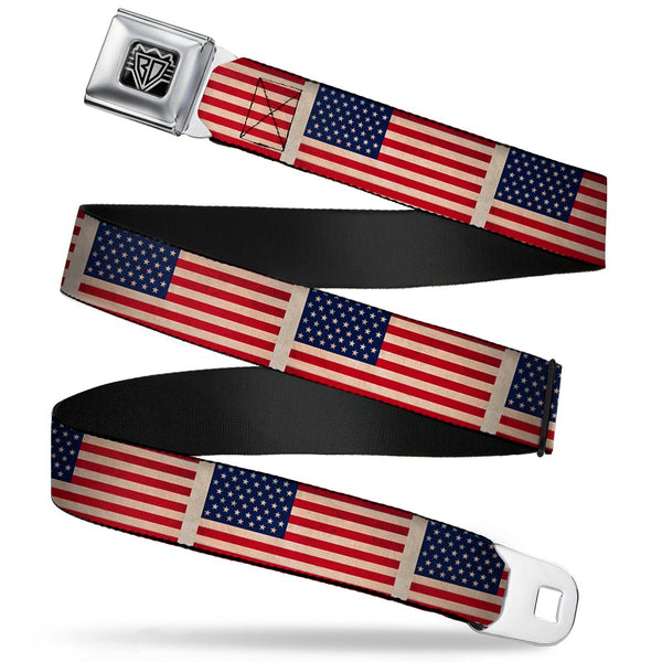 buckle down BD Wings Logo CLOSE-UP Full Color Black Silver Seatbelt Belt - American Flag Weathered Color Repeat Webbing