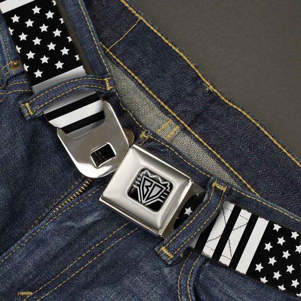 Buckle Down BD Wings Logo CLOSE-UP Full Color Black Silver Seatbelt Belt - American Flag CLOSE-UP Black/White Webbing