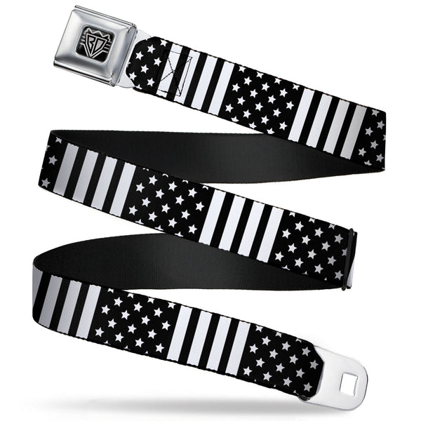buckle down BD Wings Logo CLOSE-UP Full Color Black Silver Seatbelt Belt - American Flag CLOSE-UP Black/White Webbing