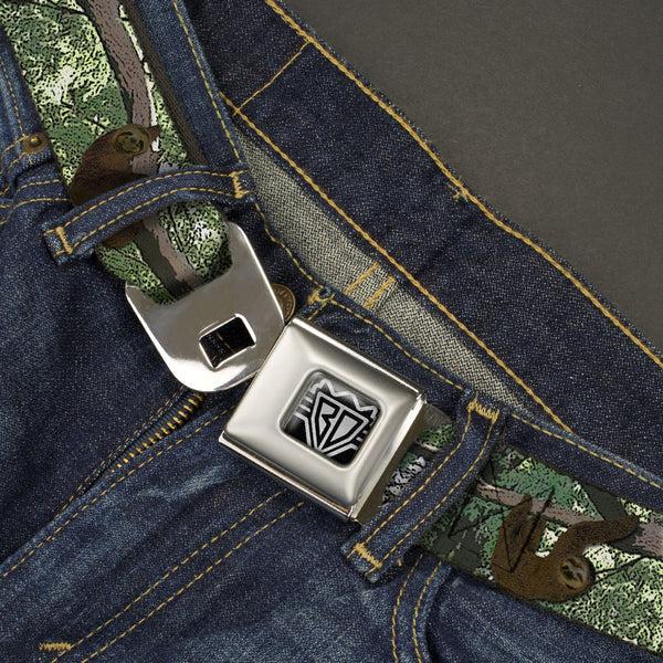 Buckle Down BD Wings Logo CLOSE-UP Full Color Black Silver Seatbelt Belt - Sloth Tree Hanging Posterized Webbing
