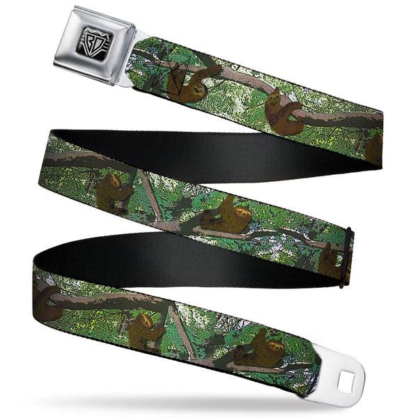 buckle down BD Wings Logo CLOSE-UP Full Color Black Silver Seatbelt Belt - Sloth Tree Hanging Posterized Webbing