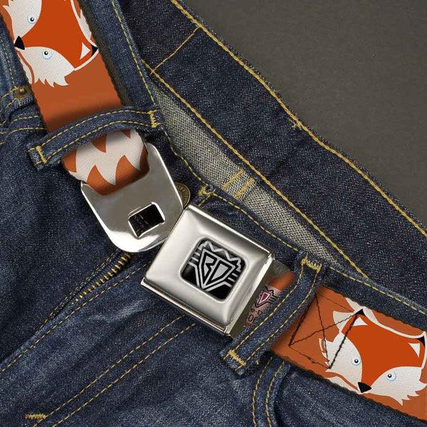 Buckle Down BD Wings Logo CLOSE-UP Full Color Black Silver Seatbelt Belt - Fox Face/Tail Orange/Natural Webbing