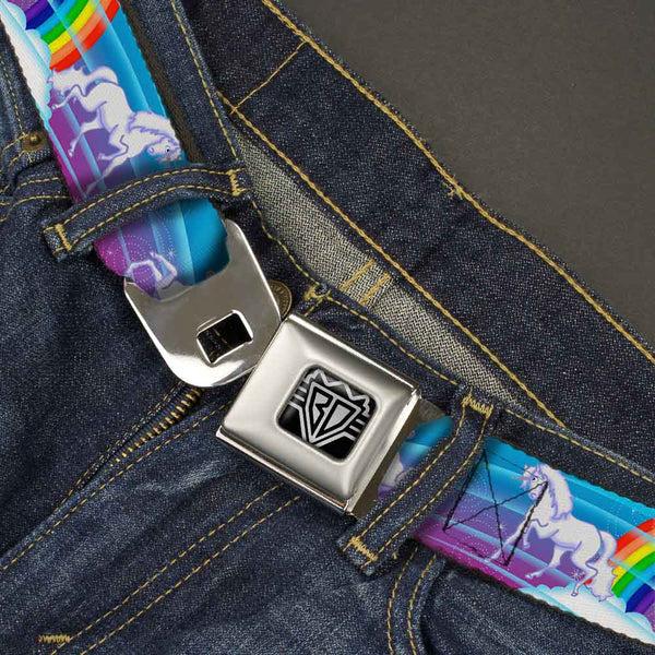 Buckle Down BD Wings Logo CLOSE-UP Full Color Black Silver Seatbelt Belt - Unicorns/Rainbows/Stars Blue/Rainbow/White Webbing