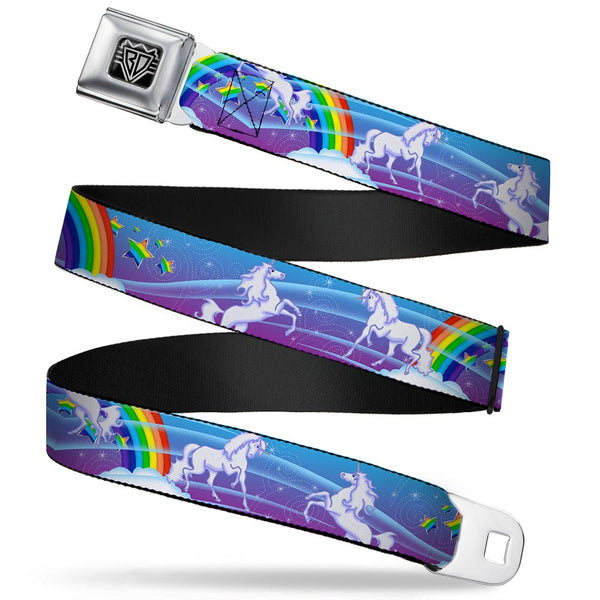 buckle down BD Wings Logo CLOSE-UP Full Color Black Silver Seatbelt Belt - Unicorns/Rainbows/Stars Blue/Rainbow/White Webbing