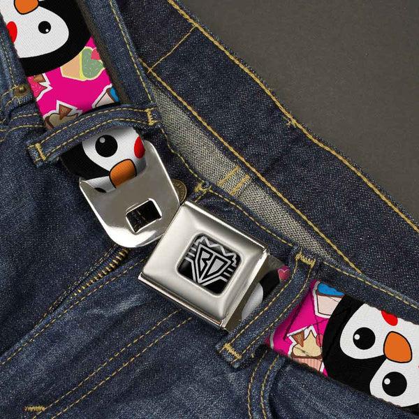 Buckle Down BD Wings Logo CLOSE-UP Full Color Black Silver Seatbelt Belt - Penguins W/Cupcakes Fuchsia/Multi Color Webbing