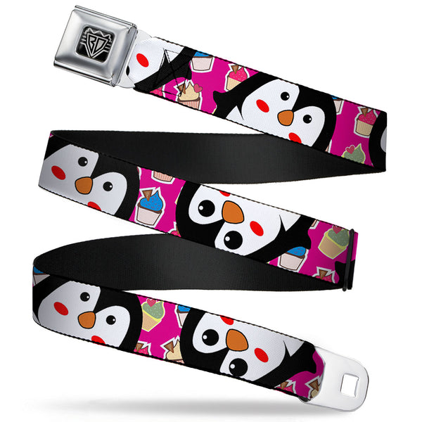 buckle down BD Wings Logo CLOSE-UP Full Color Black Silver Seatbelt Belt - Penguins w/Cupcakes Fuchsia/Multi Color Webbing