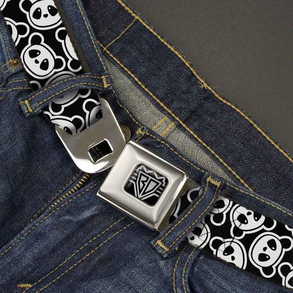 Buckle Down BD Wings Logo CLOSE-UP Full Color Black Silver Seatbelt Belt - Scattered Panda Bear Cartoon2 Black/White Webbing