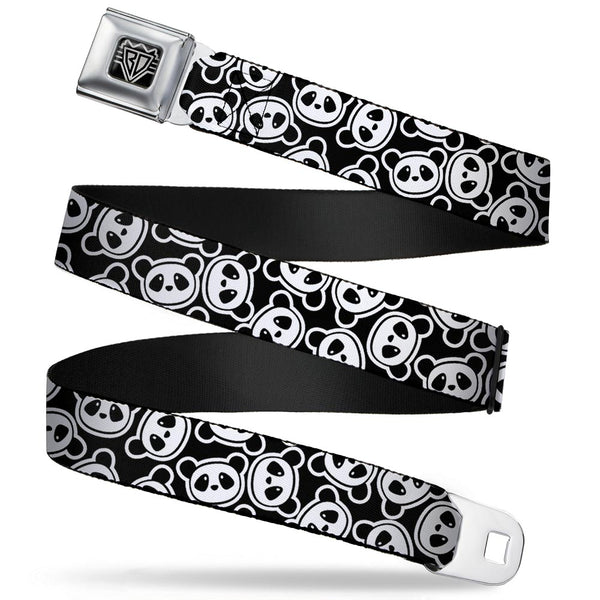 buckle down BD Wings Logo CLOSE-UP Full Color Black Silver Seatbelt Belt - Scattered Panda Bear Cartoon2 Black/White Webbing