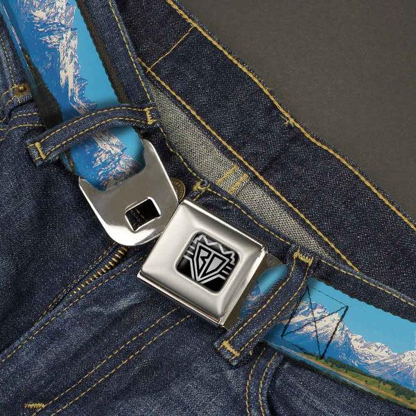 Buckle Down BD Wings Logo CLOSE-UP Full Color Black Silver Seatbelt Belt - Landscape Snowy Mountains Webbing