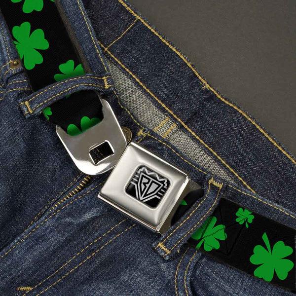 Buckle Down BD Wings Logo CLOSE-UP Full Color Black Silver Seatbelt Belt - St. Pat's Clovers Scattered2 Black/Green Webbing