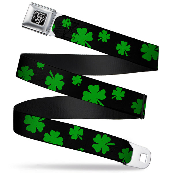 buckle down BD Wings Logo CLOSE-UP Full Color Black Silver Seatbelt Belt - St. Pat's Clovers Scattered2 Black/Green Webbing