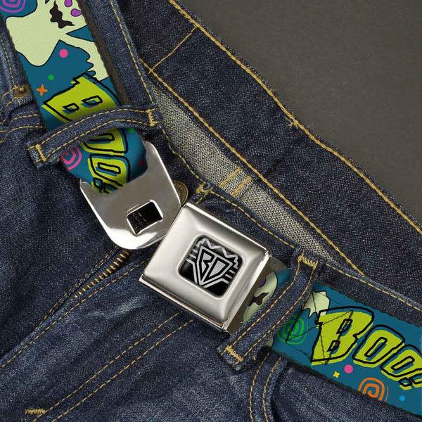 Buckle Down BD Wings Logo CLOSE-UP Full Color Black Silver Seatbelt Belt - Ghost BOO Blue/Multi Color Webbing
