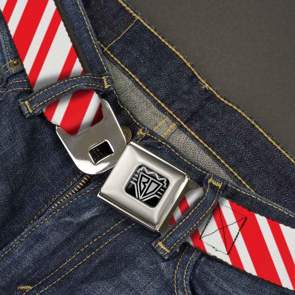 Buckle Down BD Wings Logo CLOSE-UP Full Color Black Silver Seatbelt Belt - Candy Cane3 Stripe White/3-Red Webbing