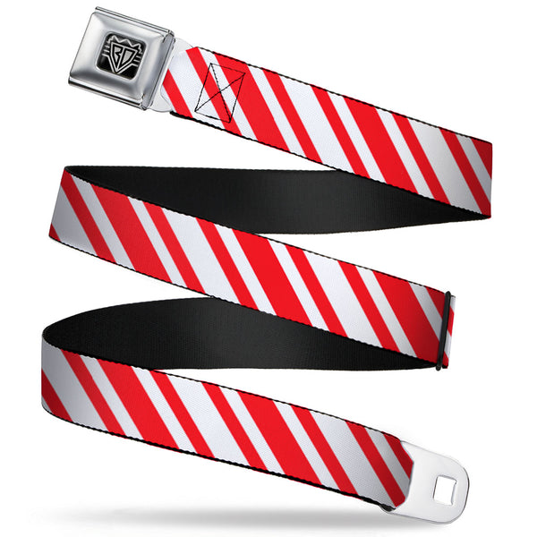 buckle down BD Wings Logo CLOSE-UP Full Color Black Silver Seatbelt Belt - Candy Cane3 Stripe White/3-Red Webbing
