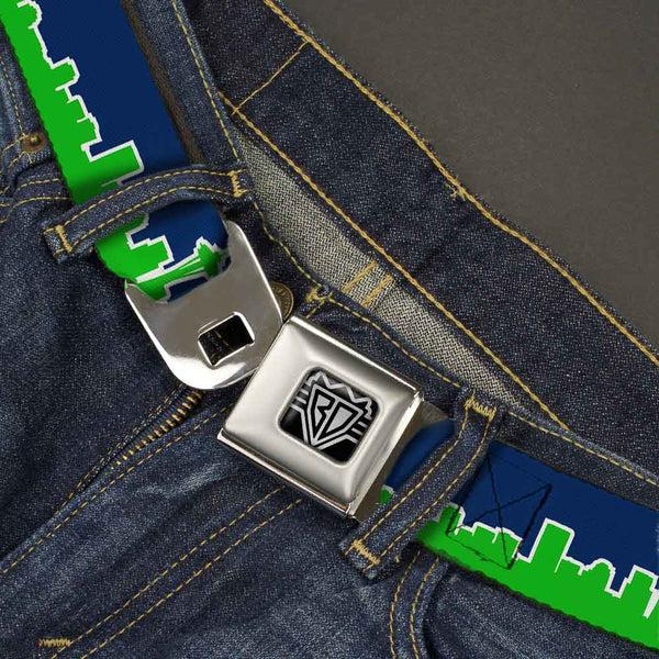 Buckle Down BD Wings Logo CLOSE-UP Full Color Black Silver Seatbelt Belt - Seattle Skyline Navy/Bright Green Webbing
