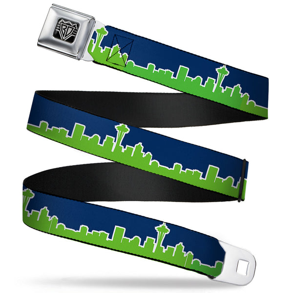 buckle down BD Wings Logo CLOSE-UP Full Color Black Silver Seatbelt Belt - Seattle Skyline Navy/Bright Green Webbing