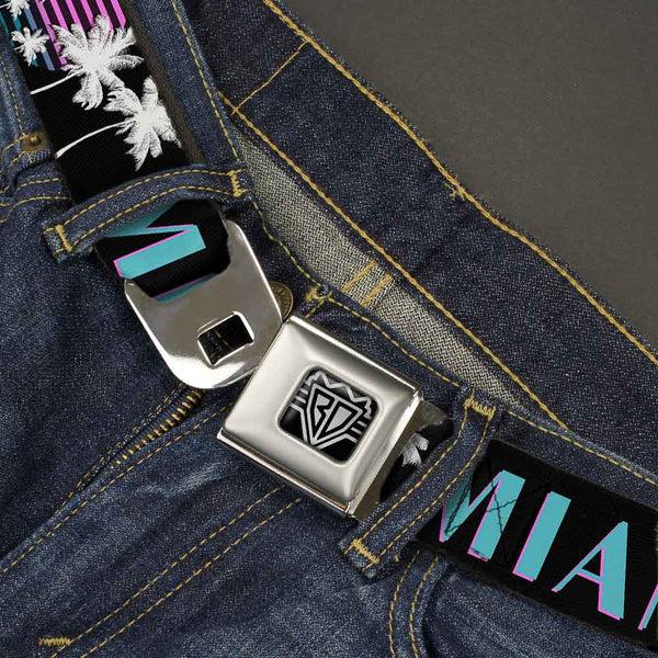 Buckle Down BD Wings Logo CLOSE-UP Full Color Black Silver Seatbelt Belt - MIAMI/Palm Trees Black/White/Pink//Teal Webbing