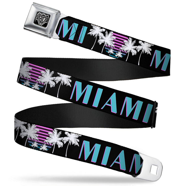 buckle down BD Wings Logo CLOSE-UP Full Color Black Silver Seatbelt Belt - MIAMI/Palm Trees Black/White/Pink//Teal Webbing