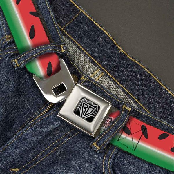 Buckle Down BD Wings Logo CLOSE-UP Full Color Black Silver Seatbelt Belt - Watermelon Stripe Red/Green/Black Webbing