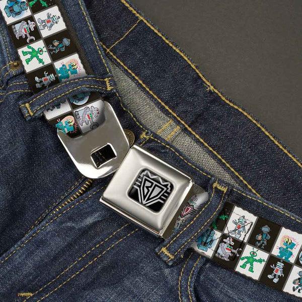 Buckle Down BD Wings Logo CLOSE-UP Full Color Black Silver Seatbelt Belt - Robot Checkers Black/White Webbing